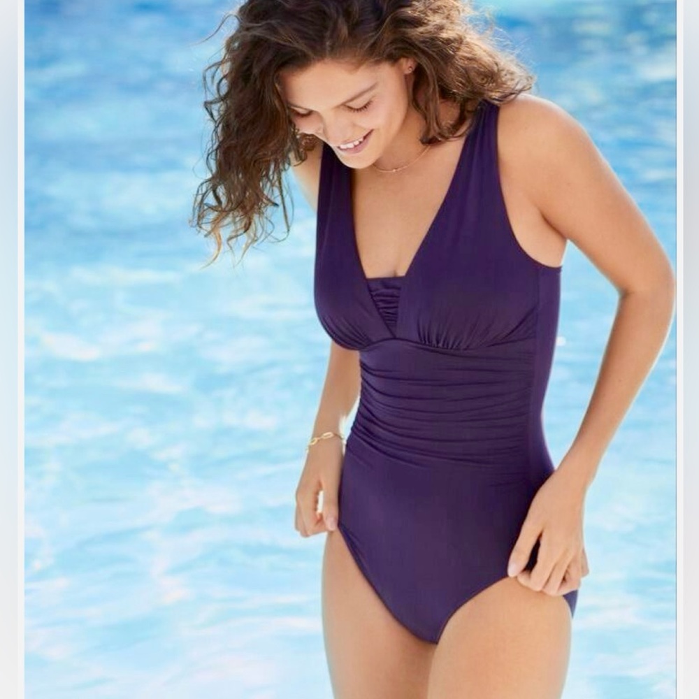 Lands End swimsuit Grecian tummy blackberry LONG TORSO